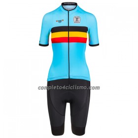 Completo Maglia + Pantaloncino con bretelle 2023 Nazionale Belgio Manica Corta Azzurro Donna
